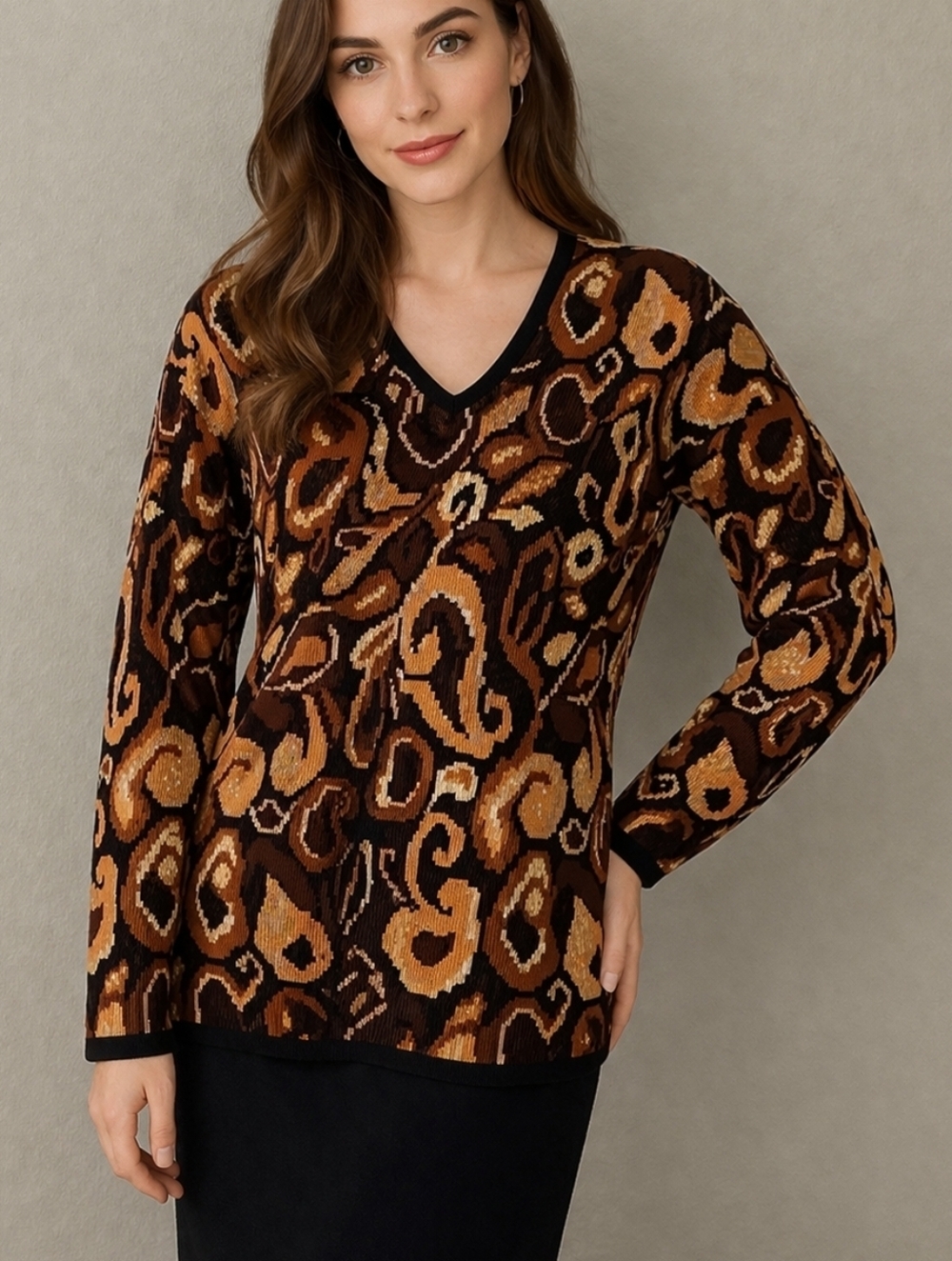 VTG ELEANOR P BRENNER 1980s New Wool Abstract Metallic V-Neck Sweater